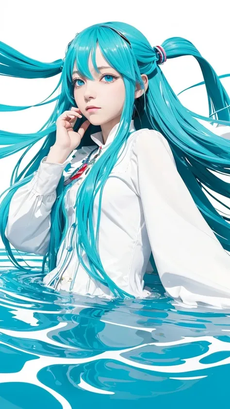 (masterpiece,  top quality ,  Official Art :1.2), ( Flat Color :1.5),( colorful ),Contemporary Art 、 light blue eyes、  Cowboy Shots ,(( 1 girl)),Alone, White background, floating  colorful  water,(2D:1.5) 、 Hatsune Miku 、 splash art