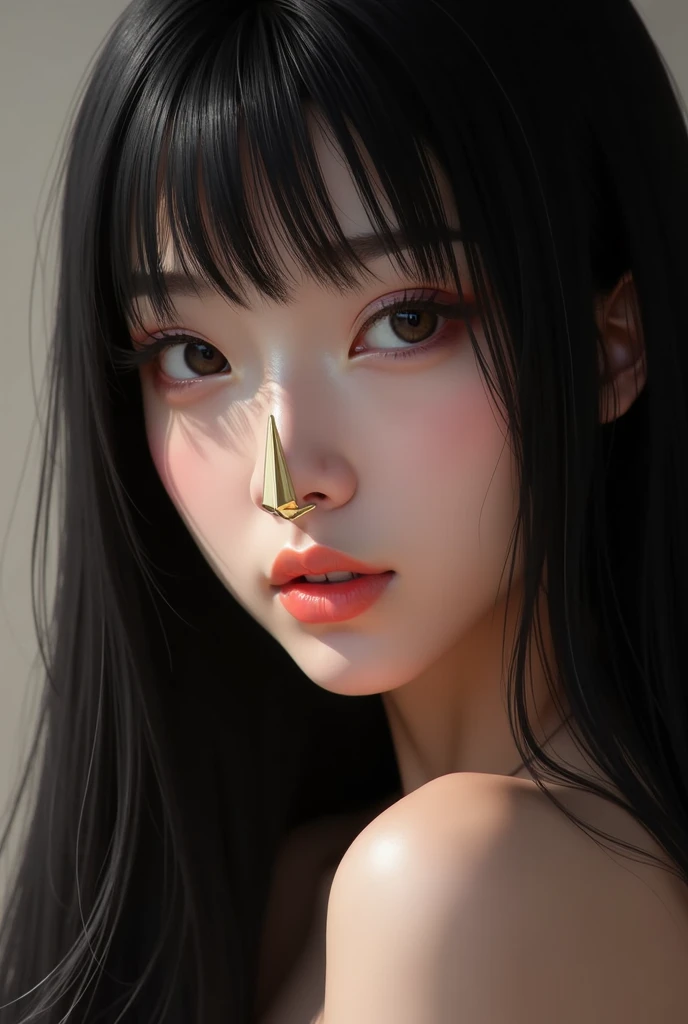 A woman with cat eyes and ， glamorous woman with a well-groomed nose 、On the nose of a well-groomed triangular prism、 make a Japanese woman with beautiful straight black hair and long hair with a well-groomed triangular prism