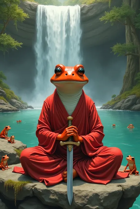   Create me a red frog Buddhist monk who meditates with a sword inflicted on a rock and behind a waterfall an oasis of peace with many small frogs admiring this red Buddhist frog with love