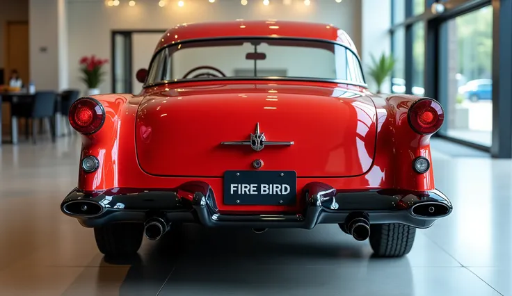 Create an exact rear view of the [1953 Pontiac FIRE BIRD]. The car should have a polished [red] exterior, modern and sleek taillights with red accents, and a bold rear design. The rear bumper should feature a sporty black diffuser with dual exhaust outlets...