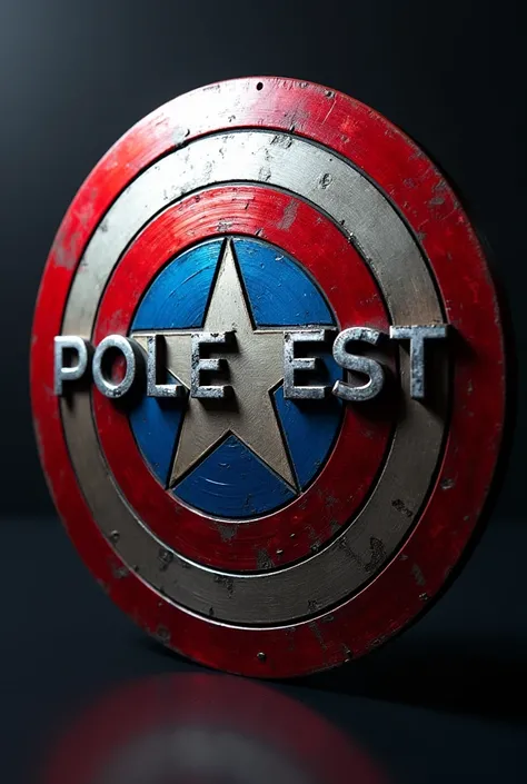 Un bouclier métallique rond avec un design ressemblant à celui de Captain America, comprenant des tons rouges et bleus métallisés ainsi quune étoile argentée au centre. Des lettres métalliques imposantes et texturées affichent le mot "POLE EST" superposé s...