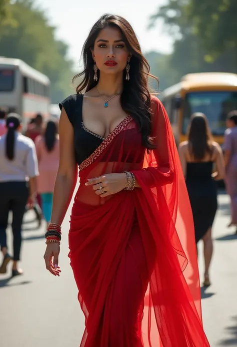 30yo indian woman, in red office saree, tall and sexy,wearing red see through saree, 34dd breasts,wearing navel chain, black low neck blouse, navel visible, handbag in right shoulder, loosehair, redlips, eyeliner, eyelashes, earrings,thick body,walking in ...