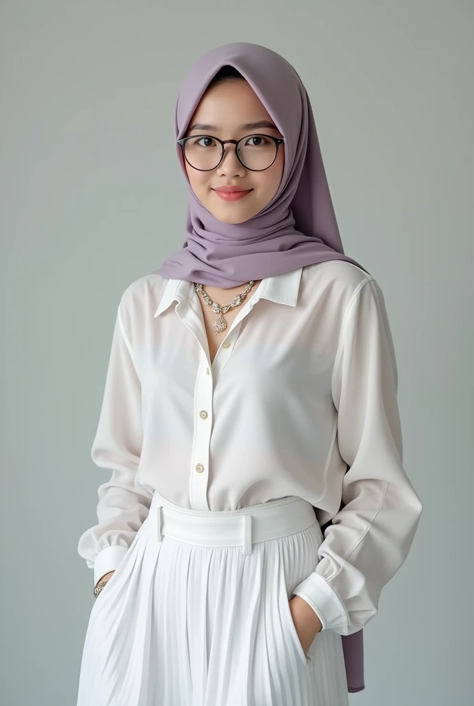 A Indonesia hijab women, transparent white shirt unbutton, nude round breast, lilac soft hijab, soft stomach,wear see throught white pleated skirt, eye glass, wear Necklace