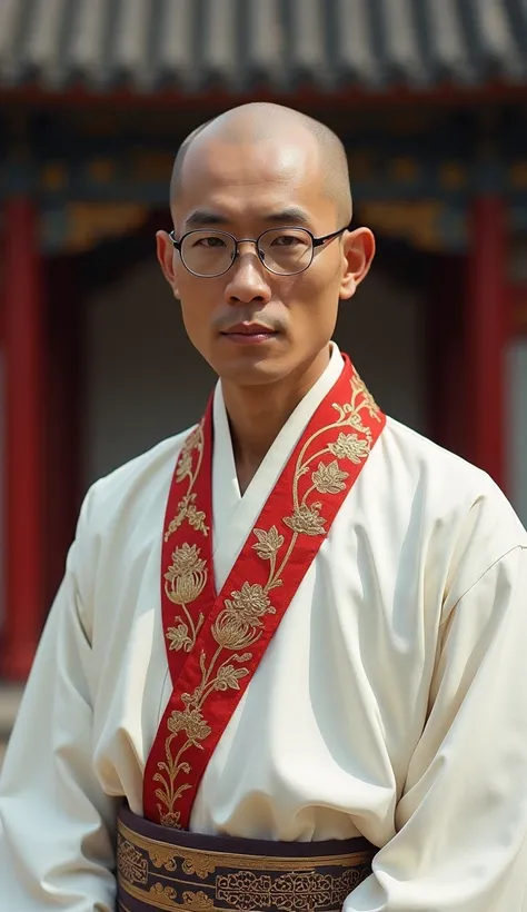 Bald Thai man 25 years, handsome,wearing glasses ,,Wearing ancient Chinese clothing,Beautiful flowing fabric , white dress, exquisite, red-gold Chinese embroidery strip, wearing necklace jewelry, biggest pearl , portrait,background is Chinese pagoda buildi...