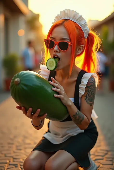 a photography of an thai woman orange hair orange sunglasses  ( body tattoo ) holding a large and long cucumber. wearing a maid costume, she kneel sitting and eating the cucumber,  The focus show should be on the cucumber , showing the cucumber, . The back...