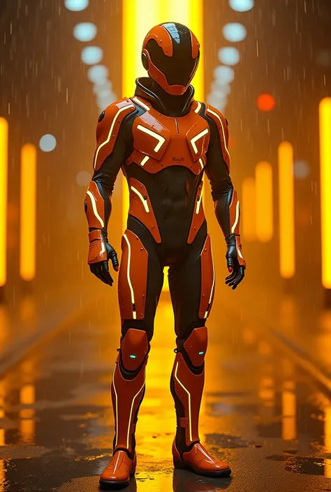 Create C.L.U. From Tron legacy in a rainy yellow neon cyberpunk background make them a white male make him more like C.L.U. From Tron legacy more like tron more like C.L.U. With yellow neon make the character like C.L.U. From Tron legacy make him in a futu...