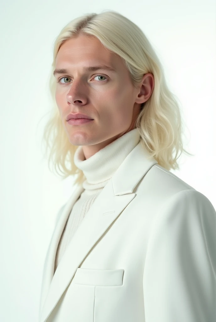  Very large white man , extremely beautiful and delicate, First shepherd, Branquinha,  pink lips ,  green eyes,  extremely silky shoulder-length blonde hair. Hes wearing a white suit .  white background. 
