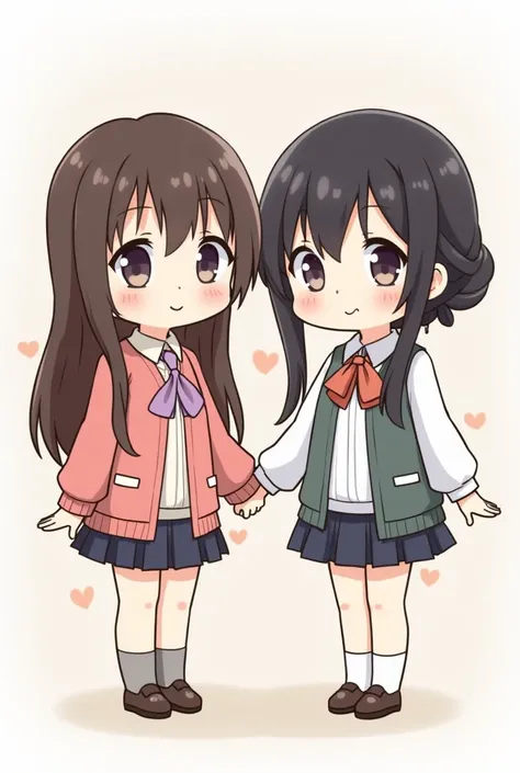 can u make picture of two year anniversary of one girl with short until shoulder black hair no bangs and one girl with long brown hair no bangs in chibi version. No need background，just people. Half body. 