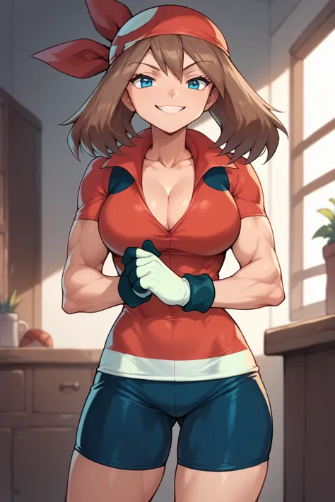 score_9, score_8_up, score_7_up, score_6_up, BREAK, zzMay, solo, blue eyes, brown hair, short hair, 
red bandana, red shirt, short sleeves, gloves, black shorts, open shirt, torso, smug smile, 
gigantic bust, toned, muscles, hourglass body, 
