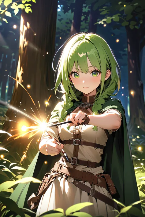 1 girl, (cute face), (long braided hair:1.2), (emerald green eyes), medium breasts, slim, (wearing a fantasy ranger outfit), (cloak with leaf patterns), BREAK  
Magical forest, ancient trees, (glowing fireflies:1.2), (drawing a bow:1.2), dappled sunlight, ...