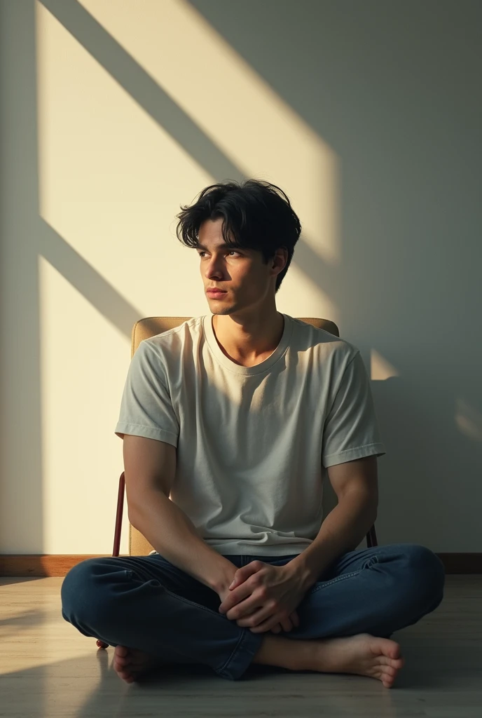 A young dark hair man sitting on the chair