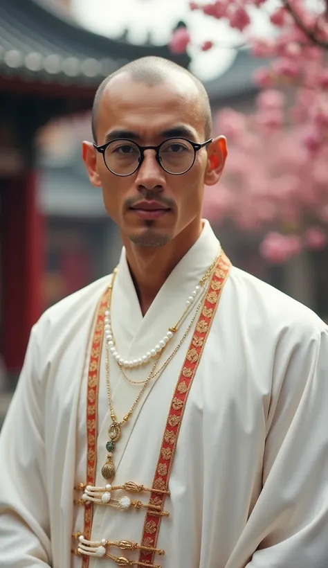 Bald Thai man 25 years, handsome,wearing glasses ,,Wearing ancient Chinese clothing,Beautiful flowing fabric , white dress, exquisite, gold red Chinese embroidery strip, wearing necklace jewelry, biggest pearl , portrait,background is Chinese pagoda buildi...