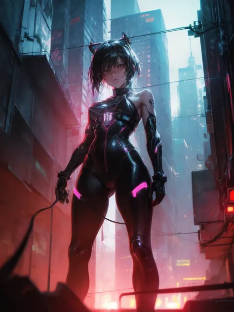 (masterpiece, highest quality:1.2),Top quality, Masterpiece, Ultra-high resolution, ((Photorealistic: 1.4), RAW photo, 1 Cyberpunk Girl, Black hair, Glossy glossy skin, 1 mechanical girl, (hyper realistic detailed)), Cinematic lighting, Deep shadows, Octan...