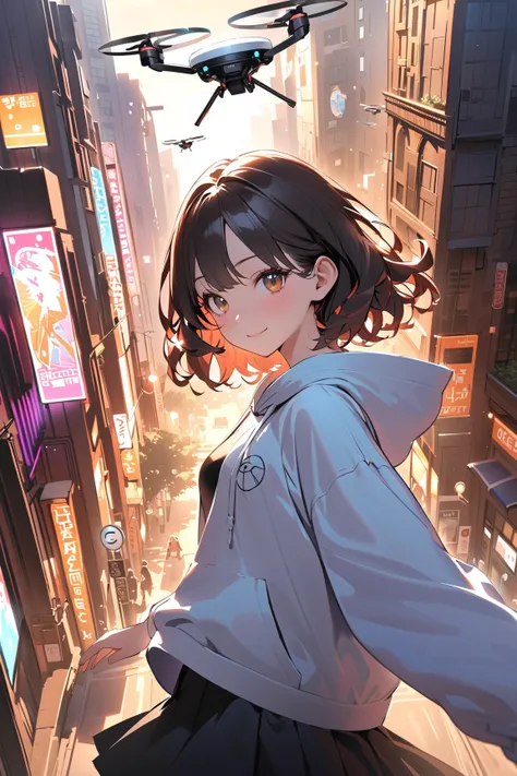 1 girl, (cute face), (short wavy hair:1.2), (hazel eyes), small breasts, slim, (wearing a stylish streetwear outfit), (oversized hoodie and skirt), BREAK  
Futuristic city, bustling streets, (hovering drones:1.2), (exploring the city:1.2), evening glow, ou...