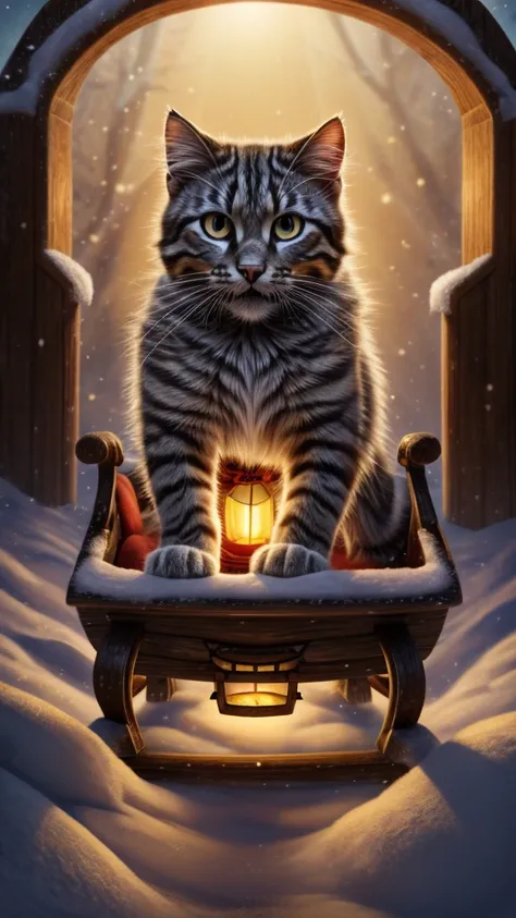 A frolicking kitten chases the light of a sleigh lantern.