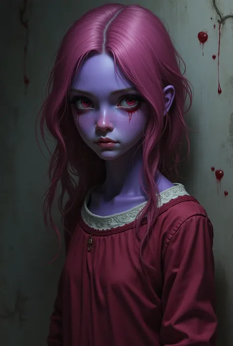 A purple-skinned girl, dark pink hair, medium, wavy hair, 14-year-old girl, 1600 dress, red dress, serious face, mature, bleeding, very dark pink hair, peasant dress, orphan 