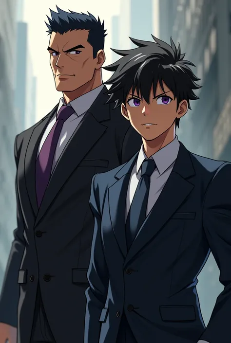 1man,1boy,muscualr,black hair,purple eyes, trained, suit