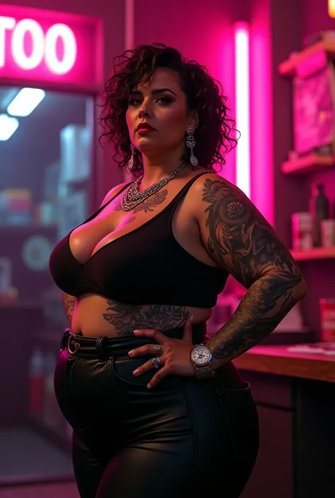 Chubby woman tattoo artist with short hair and curly brown with very large breasts 45 years old cyver punk scene pink neon light sign Raquel Lara 