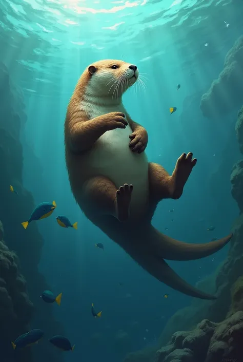  A sea otter swimming in the ocean ,  with a small visible stone tucked in a skin pocket in its belly, realistic underwater style ."