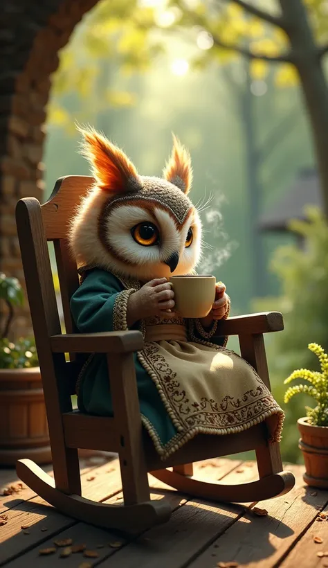  Imagine an owl of small stature, with medieval apron costumes , A house in the forest, Drinking coffee in a rocking chair.