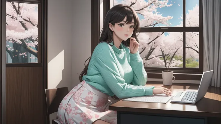 "A coder sits at her desk in a light mint sweater and a floral skirt. A soft spring breeze flows through the slightly open window, bringing in the scent of cherry blossoms, as the moon glows softly in the background."