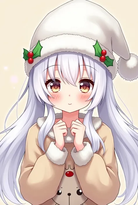 anime, white hair in two pigtails with white christmas hat then mamakai deer shirt