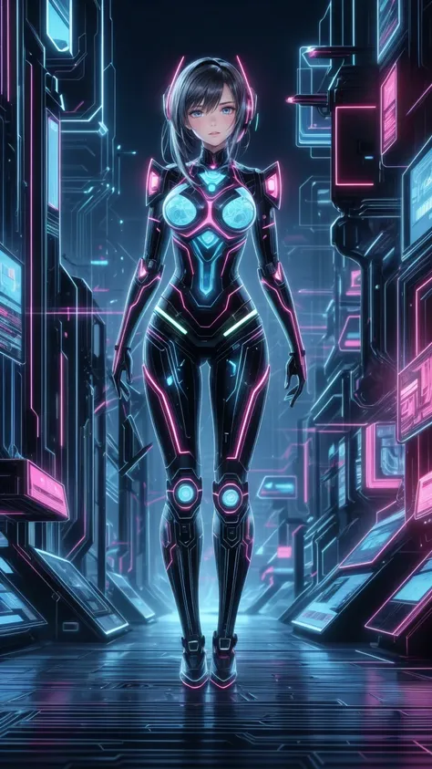  8K Ultra HD , masterpiece,  beautiful girl,  detailed eyes, Good face,  detailed eyesbrow,  cyberpunk outfit,Green clothes,  cyberpunk,  cyberspace,  cyberpunk shining background, neon effect , Spreading Light,  Red lighting , Captured the whole body, ful...