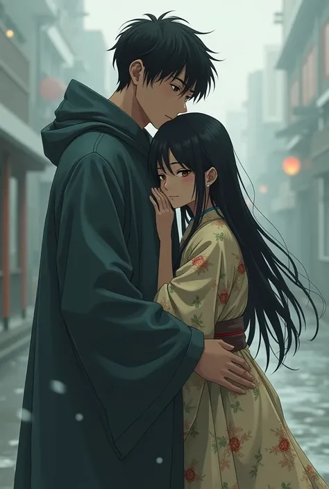 You draw an anime picture, man wearing a modern raincoat is carrying a long black haired woman wearing a tattered kimono, the woman is shyly hugging the mans shoulder