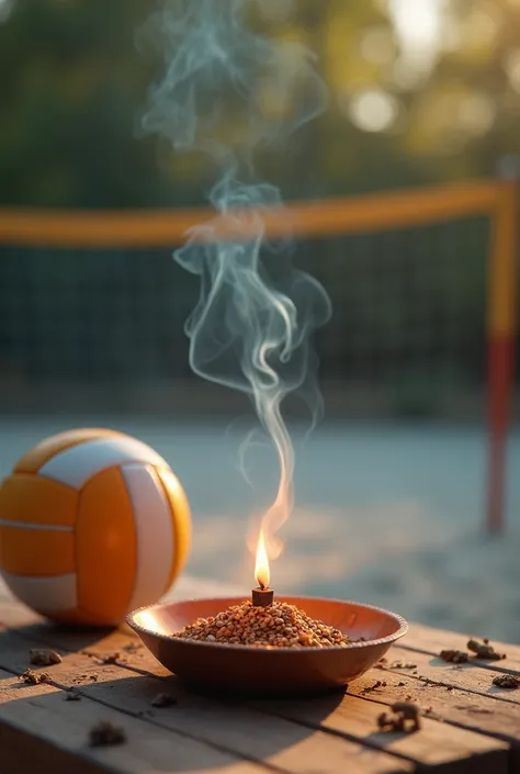  A burning incense on a table.  Next to it a volleyball . 
 In the background a volleyball net . 
High definition image . 