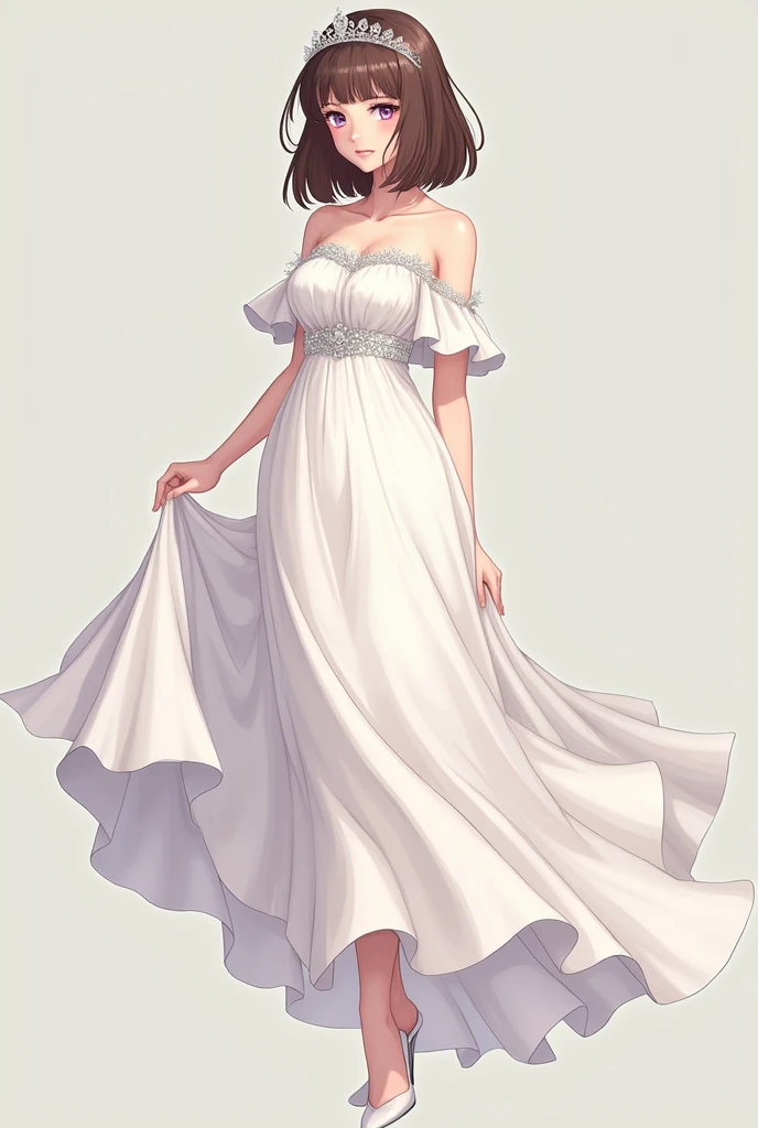 Shoulder length brown hair, Left eye is blue, right eye is pink, pale skin, off shoulder white gown, white heels, silver tiara, anime adult women