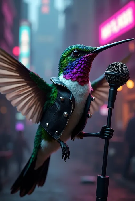 Make me the costume of a rocker hummingbird ,  that has a leather vest and a microphone