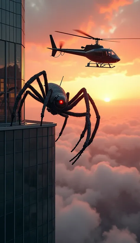 A massive, metallic spider with rotor blades for legs crawls on the edge of a skyscraper while a sleek helicopter hovers nearby. The glowing red eyes of the spider lock onto the helicopter, its legs ready to strike. The scene is set against a dramatic suns...