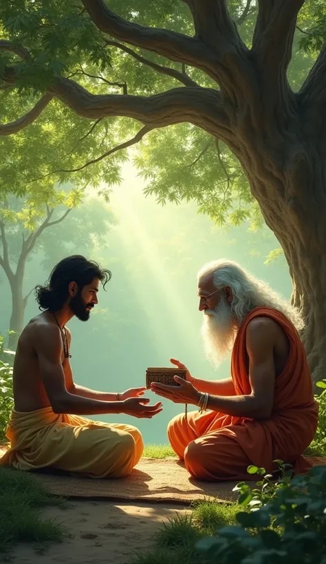 "In a tranquil jungle clearing, Vikram kneels before a wise saint. The saint is an elderly man with a flowing white beard, wearing simple robes, sitting cross-legged on a mat beneath a majestic banyan tree. The saint holds a small, intricately carved woode...