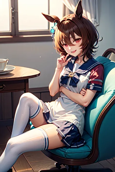   Agnes Tachyon 、Horse Girl、One person、 girl、Horse ears、Horse tail、 earring on one side 、Red eyes、 lines in eyes 、 shorthair、 brown hair 、tracen school uniform, sailor collar, bowtie, purple shirt, sailor shirt, short sleeves, white skirt, white thighhighs...