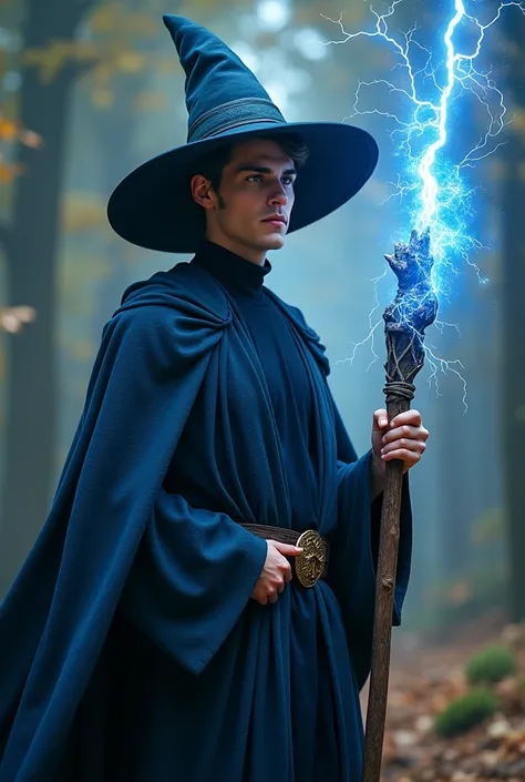 (photorealism:1.2), 
photo of a young handsome man, thunder-staff, electricity, outdoors, holding staff, deep azure blue wizard robe, deep azure blue witch hat, jet-black yurttleneck shirt. 3/4 view side, realistic, masterpiece, intricate details, detailed...