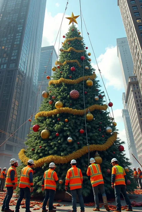 Workers in reflective uniforms making a Christmas tree 