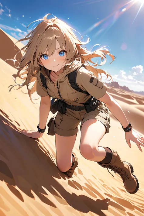 1 girl, (cute face), (medium length messy hair:1.2), (light blue eyes), small breasts, slim, (wearing a rugged explorer outfit), (utility shorts and boots), BREAK  
Desert landscape, rolling dunes, (glimmering oasis:1.2), (searching for treasures:1.2), bri...