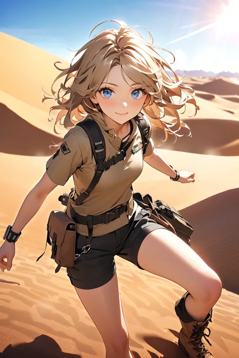 1 girl, (cute face), (medium length messy hair:1.2), (light blue eyes), small breasts, slim, (wearing a rugged explorer outfit), (utility shorts and boots), BREAK  
Desert landscape, rolling dunes, (glimmering oasis:1.2), (searching for treasures:1.2), bri...