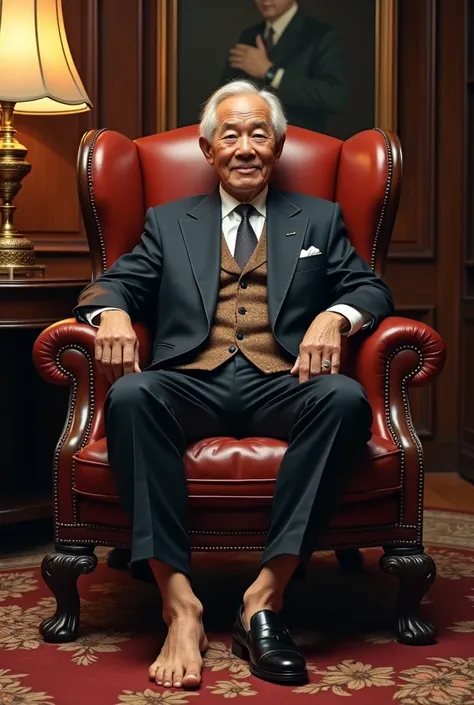 ,   Elderly   .    The president of a Japanese company wearing a luxurious outfit ...,    sits barefoot on a chair in a luxurious office.. .   ,   The goal is to inflate up   .,    gigantic penis   ,   Shiny black leather shoes    , 8k resolution,Masterpie...