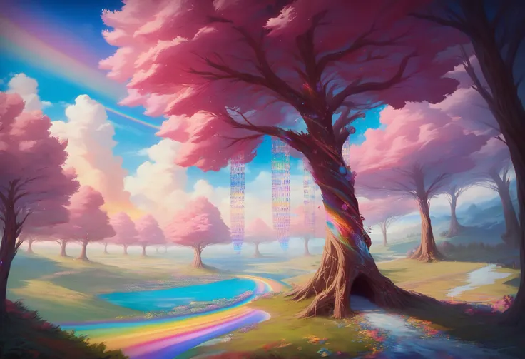 realistic large cathedral in a field , mysterious trees in a field 、painting with flowers and a stream flowing , scenic colorful environment, colorful hd picure, Magical World. colorful , BEAUTIFUL 4K ART , complex rainbow environment , extraordinary color...