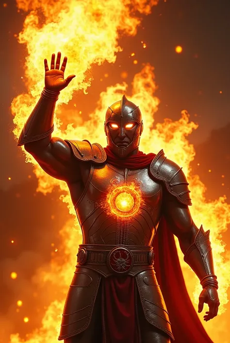 "The warrior raises an arm ,  and powerful flames explode from his hand ,  creating a spiral of fire around him .  The metallic armor shines more brightly ,  as if fueled by rising energy .  The Aries symbol on the chest shines even stronger ,  radiating s...