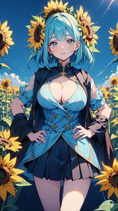  beautiful女の子が猫の耳をつけ、 wearing only clothes that are too big , Big Breasted Shirt 、Big Breasts、 With hands on hips、 Proud 、  beautiful、 functional、、 seductive 、 Overflowing sexual appeal 、warm sunshine 、 clear blue sky 、 A field of large sunflowers  、