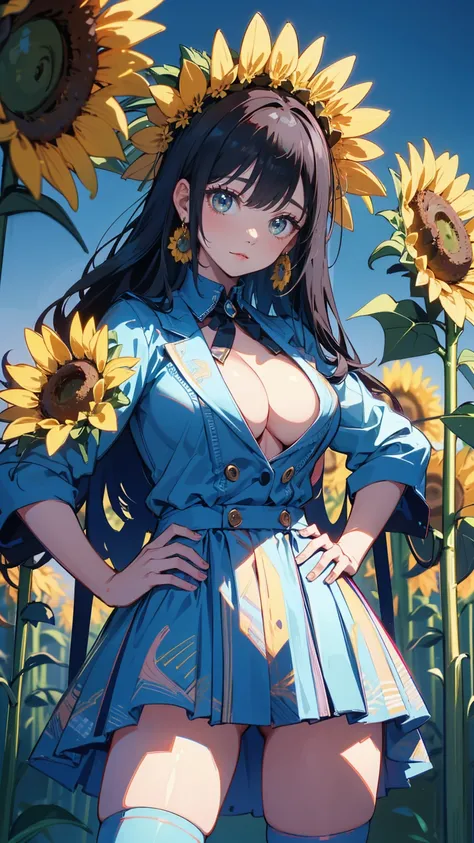  beautiful女の子が猫の耳をつけ、 wearing only clothes that are too big , Big Breasted Shirt 、Big Breasts、 With hands on hips、 Proud 、  beautiful、 functional、、 seductive 、 Overflowing sexual appeal 、warm sunshine 、 clear blue sky 、 A field of large sunflowers  、