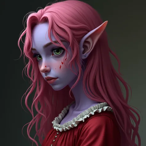 A purple-skinned girl, dark pink hair, medium, wavy hair, girl, 1600 dress, red dress, serious face, mature, bleeding, very dark pink hair, peasant dress, orphan, profile photo, elf ears, VERY DARK PINK HAIR , dark green eyes , profile photo, adult!!!!!!AD...