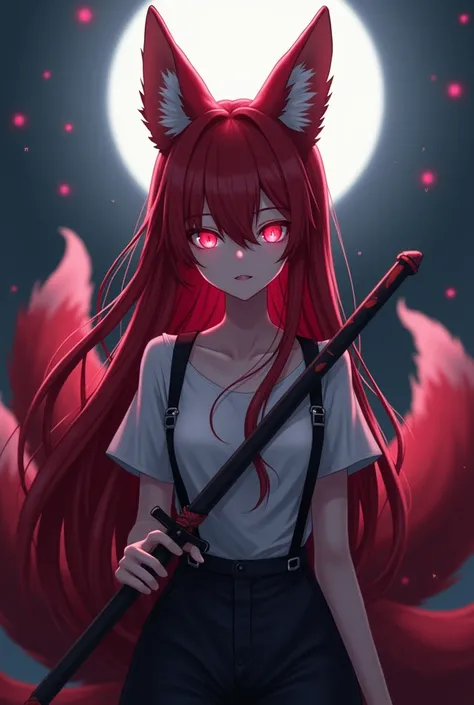 (Best quality,8K,high resolution,masterpiece:1.2),Digital Artwork, Anime fox girl with six tails，Delicate face，Delicate eyes，red Hair，long and straight hair , yandere evil girl, yandere evil smile expression, badas stylized anime pose, badas anime stylized...