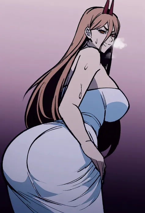 Power from the anime chainsaw man with big ass wearing a sexy bride dress and looking to the camera with a naughty face and heavy breathing and sweating from hot