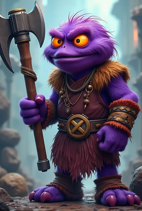 a cartoon picture of a purple monster with a big axe, muppet punk, snoop dogg as a barbarian, pepe, gonzo, as an ugly titan, a character based on a haggis, kermit the frog as thanos, furry mawshot, lumpy skin, as a muppet, gmunk, rasputin as grubhub charac...