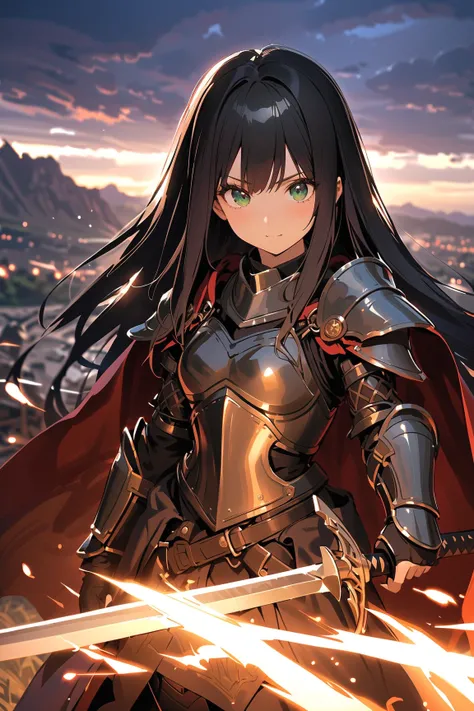 1 girl, (cute face), (long straight hair:1.2), (dark green eyes), small breasts, slim, (wearing a leather armor), (with a flowing cape), BREAK  
Medieval battlefield, distant mountains, (battle banners waving:1.2), (drawing a sword:1.2), dramatic sky, outd...