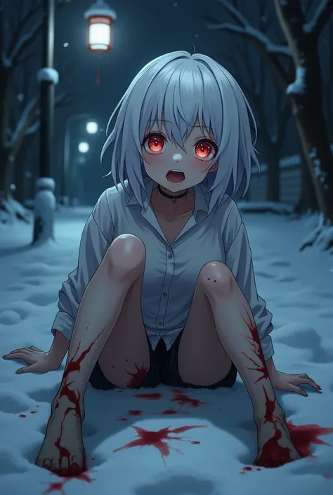  high quality,  8k Ultra HD, anime,  girl with white hair ,  wide open red eyes , without shoes,  only wearing a white shirt stained in blood, in ripped tights,  lies as if dead in the snow ,  with bleeding wounds ,  cries and gasps for cold air, the darke...