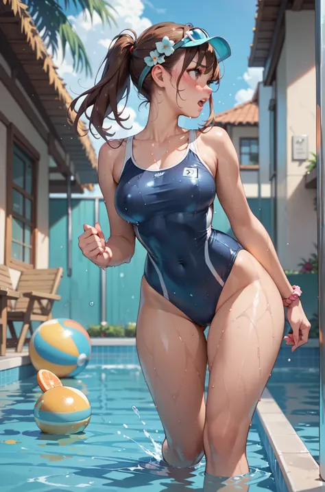  top quality 　 Brown Haired Shorthair Girl　 shiny school swimsuit　Face of a 　 Embarrassing 　blush　 wet　 in a hurry 　Eccentric anime style　 very big boobs　 very big butt　 running 　